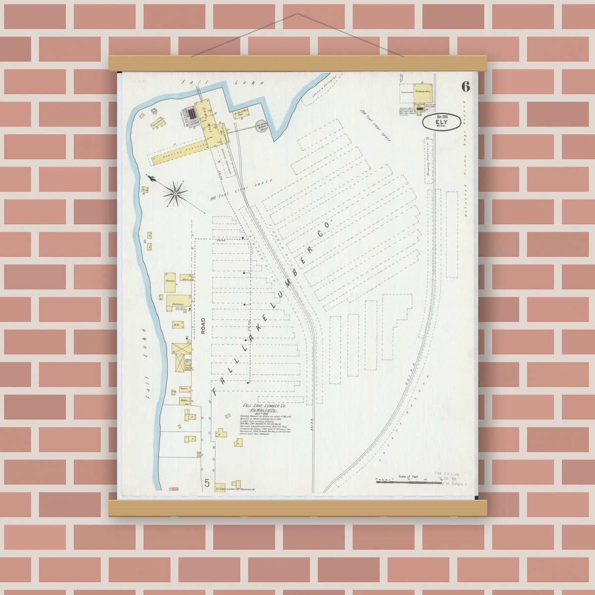Old map wall art mockup — magnetic wood frame on brick wall — Sanborn Fire Insurance Map from Ely, Saint Louis County, Minnesota (1900), Sheet #0006