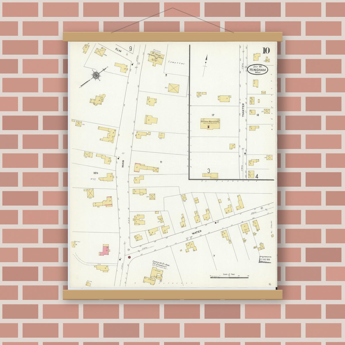 Old map wall art mockup — magnetic wood frame on brick wall — Sanborn Fire Insurance Map from Hingham, Plymouth County, Massachusetts (1911), Sheet #0010