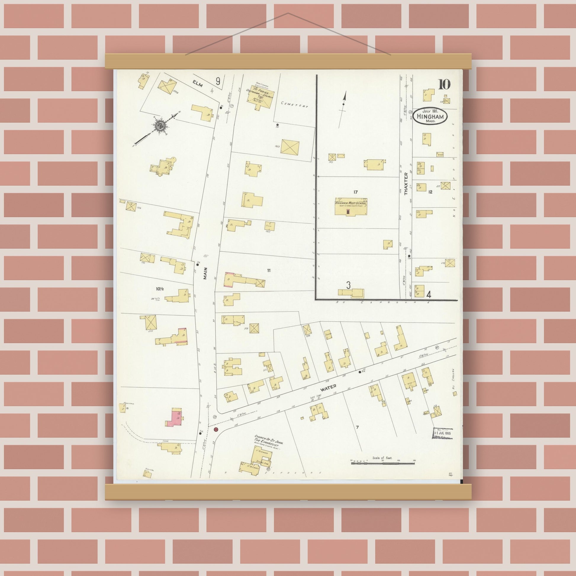 Old map wall art mockup — magnetic wood frame on brick wall — Sanborn Fire Insurance Map from Hingham, Plymouth County, Massachusetts (1911), Sheet #0010