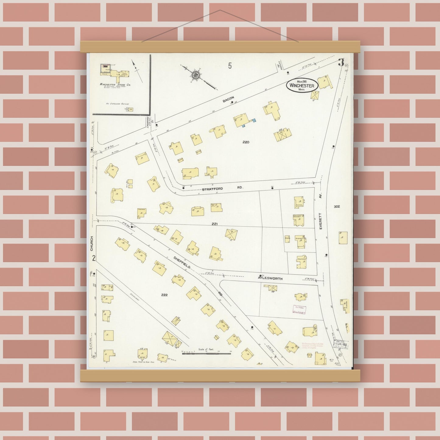 Old map wall art mockup — magnetic wood frame on brick wall — Sanborn Fire Insurance Map from Winchester, Middlesex County, Massachusetts (1910), Sheet #0003