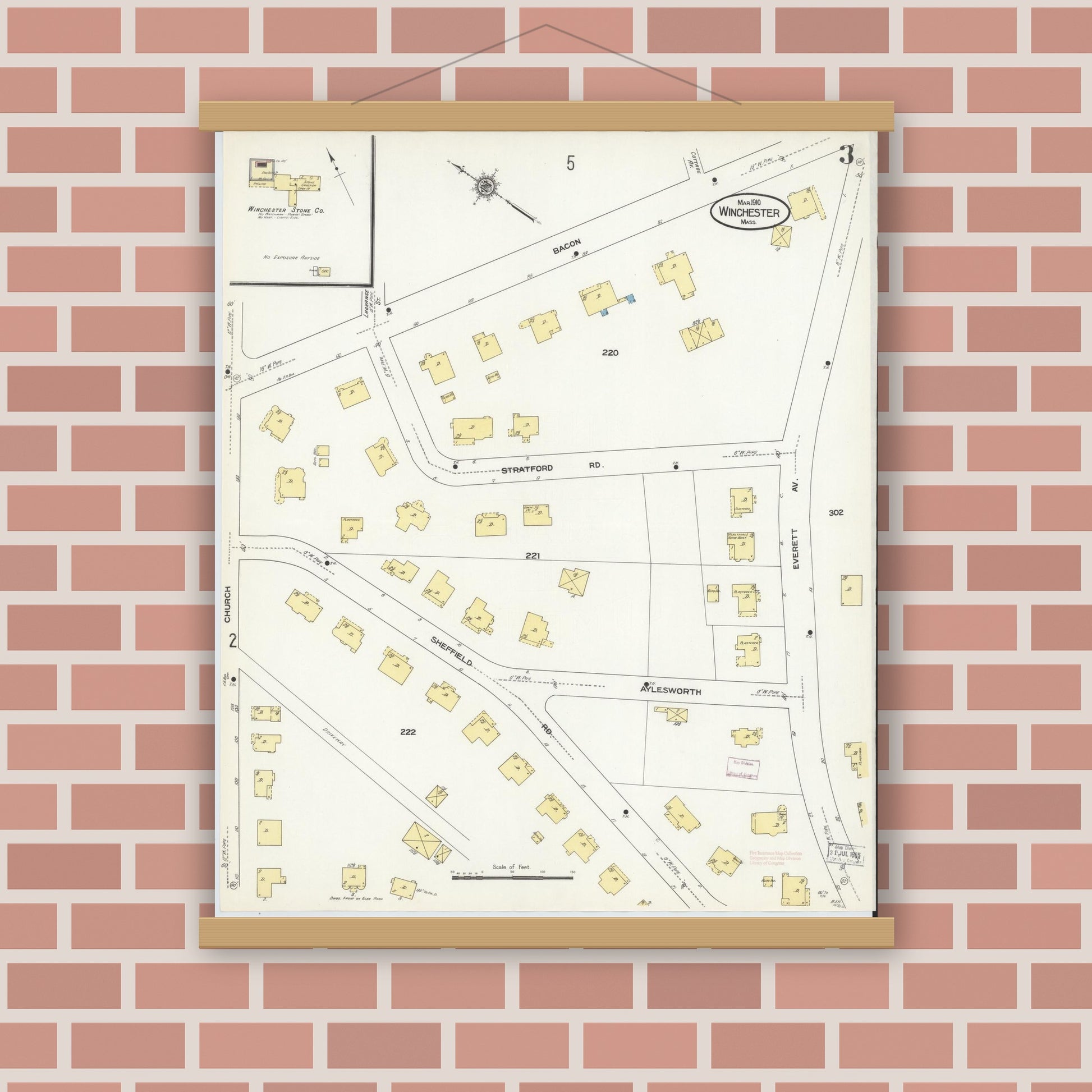 Old map wall art mockup — magnetic wood frame on brick wall — Sanborn Fire Insurance Map from Winchester, Middlesex County, Massachusetts (1910), Sheet #0003