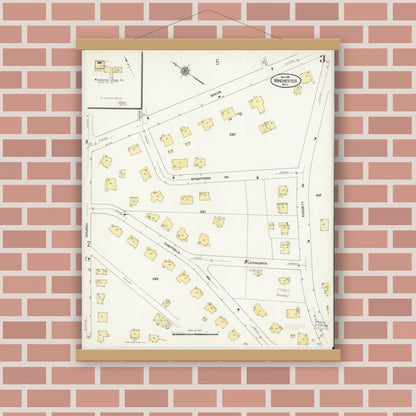 Old map wall art mockup — magnetic wood frame on brick wall — Sanborn Fire Insurance Map from Winchester, Middlesex County, Massachusetts (1910), Sheet #0003