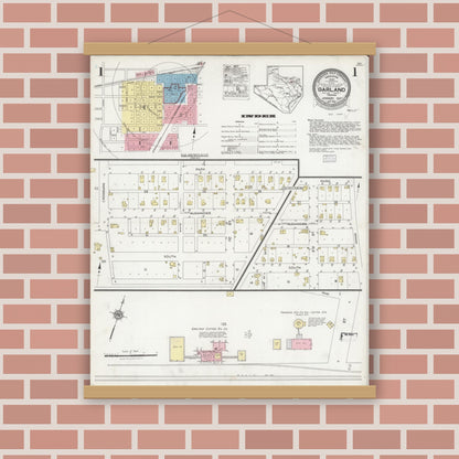 Old map wall art mockup — magnetic wood frame on brick wall — Sanborn Fire Insurance Map from Garland, Dallas County, Texas (1927), Sheet #0001