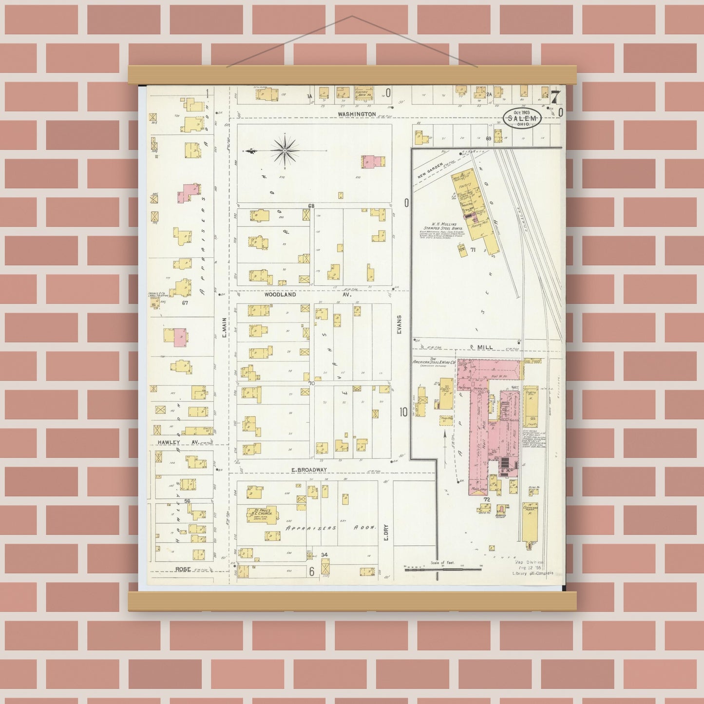 Old map wall art mockup — magnetic wood frame on brick wall — Sanborn Fire Insurance Map from Salem, Columbiana County, Ohio (1903), Sheet #0007