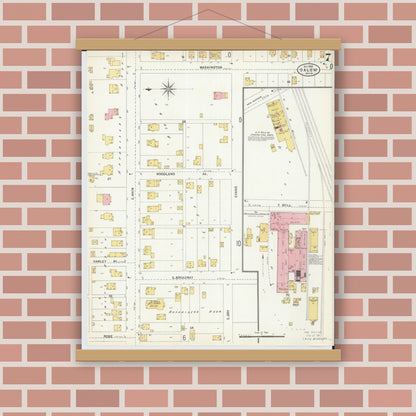 Old map wall art mockup — magnetic wood frame on brick wall — Sanborn Fire Insurance Map from Salem, Columbiana County, Ohio (1903), Sheet #0007