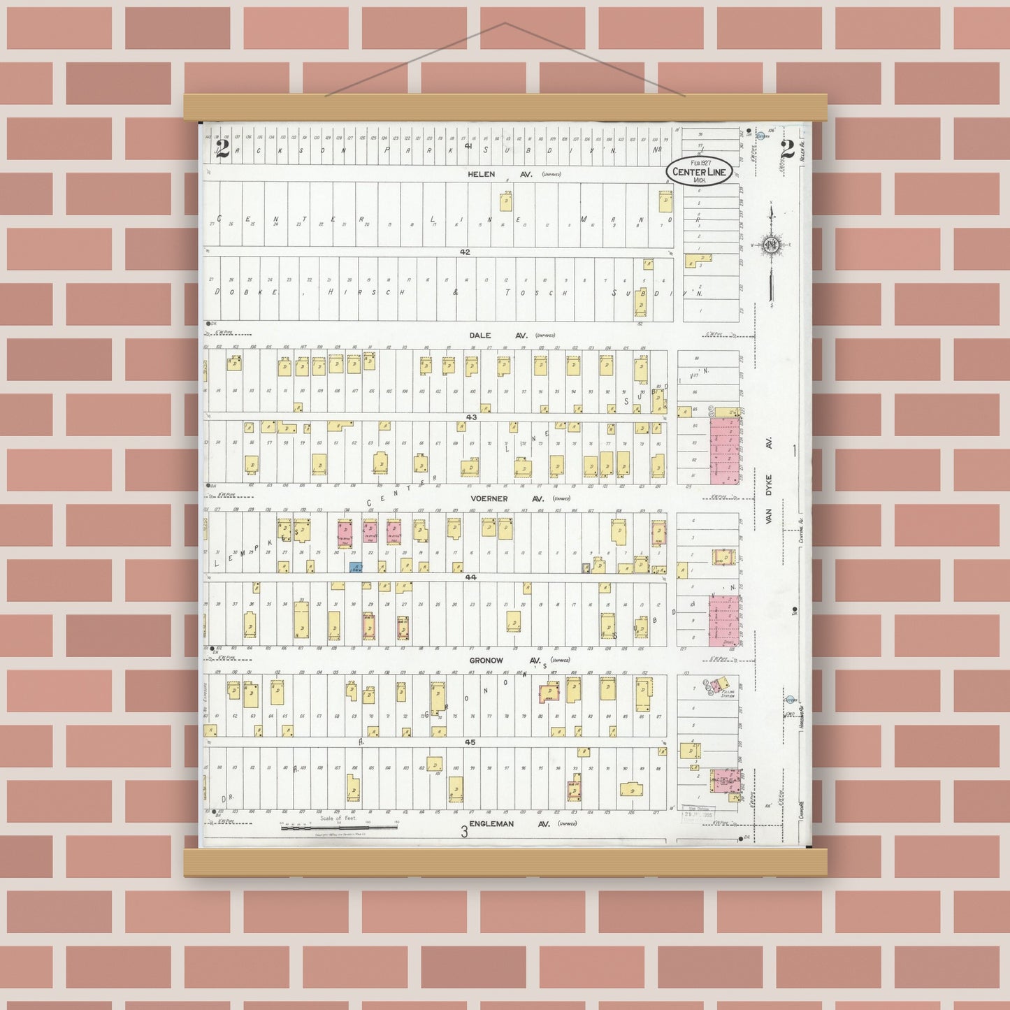 Old map wall art mockup — magnetic wood frame on brick wall — Sanborn Fire Insurance Map from Center Line, Macomb County, Michigan (1927), Sheet #0002