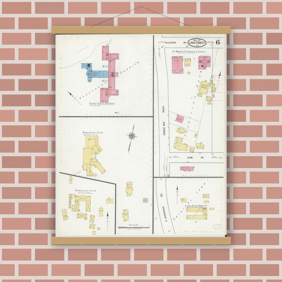 Old map wall art mockup — magnetic wood frame on brick wall — Sanborn Fire Insurance Map from Lake Forest, Lake County, Illinois (1917), Sheet #0006