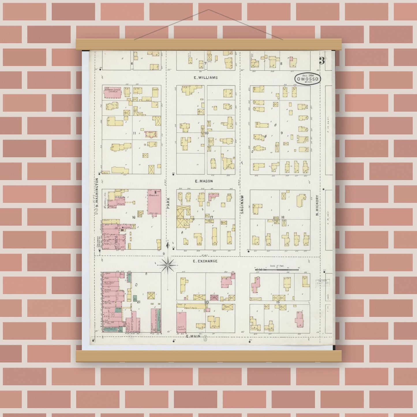 Old map wall art mockup — magnetic wood frame on brick wall — Sanborn Fire Insurance Map from Owosso, Shiawassee County, Michigan (1894), Sheet #0003