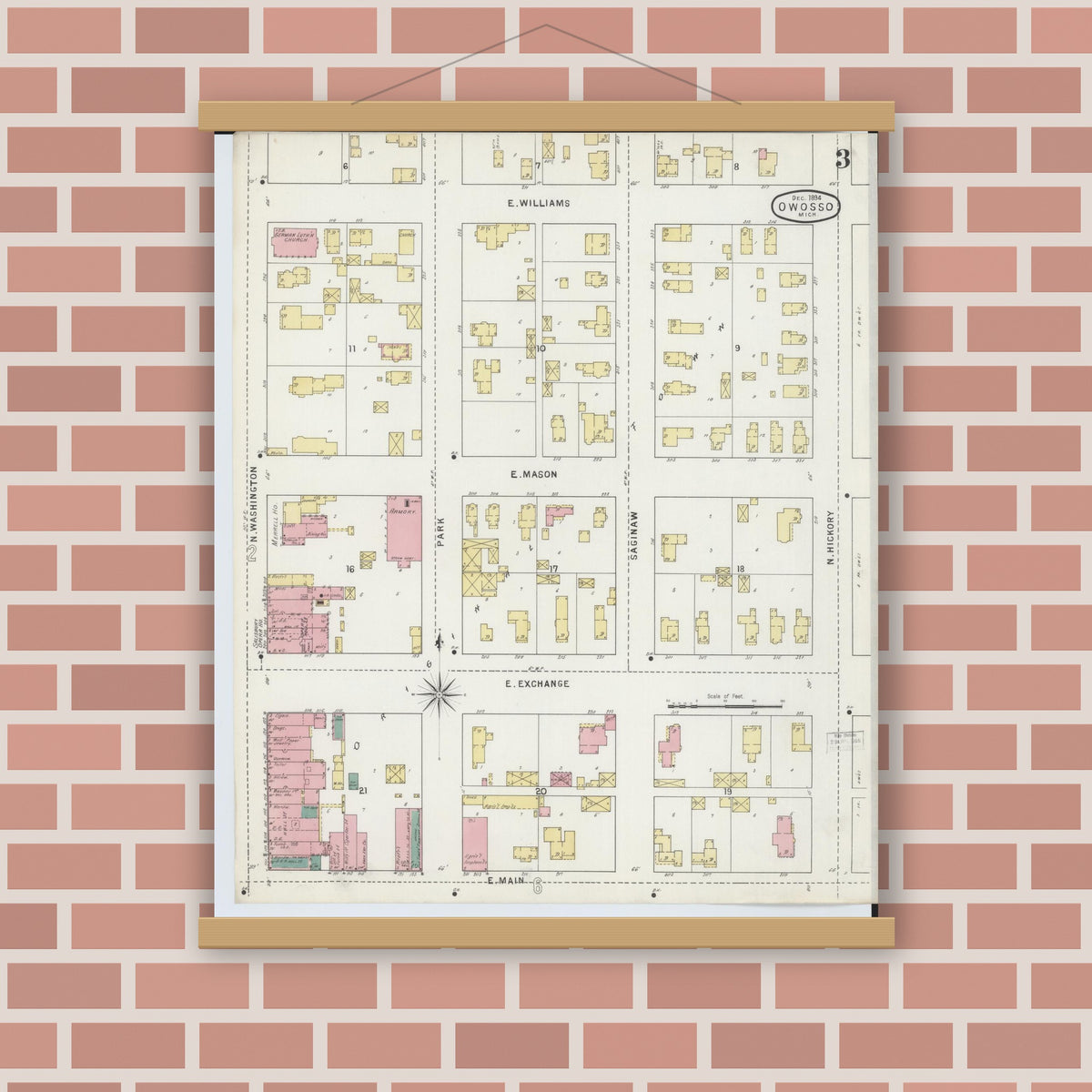 Old map wall art mockup — magnetic wood frame on brick wall — Sanborn Fire Insurance Map from Owosso, Shiawassee County, Michigan (1894), Sheet #0003