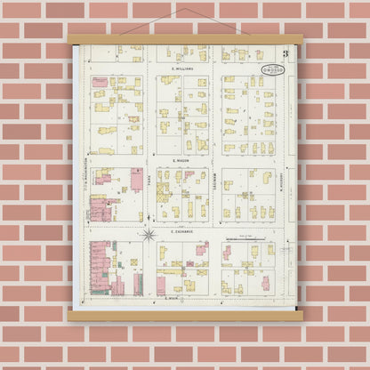 Old map wall art mockup — magnetic wood frame on brick wall — Sanborn Fire Insurance Map from Owosso, Shiawassee County, Michigan (1894), Sheet #0003