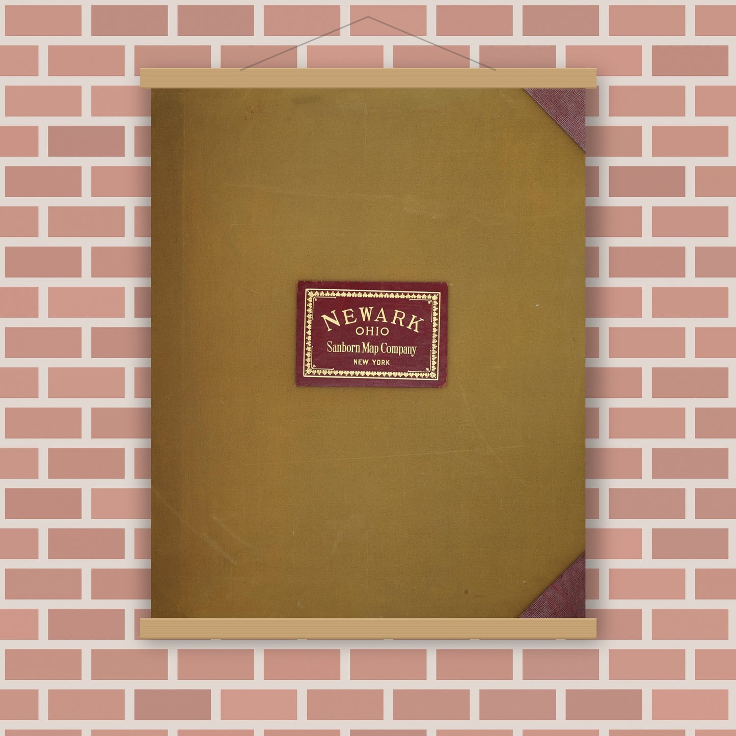 Old map wall art mockup — magnetic wood frame on brick wall — Sanborn Fire Insurance Map from Newark, Licking County, Ohio (1961), Sheet #0001