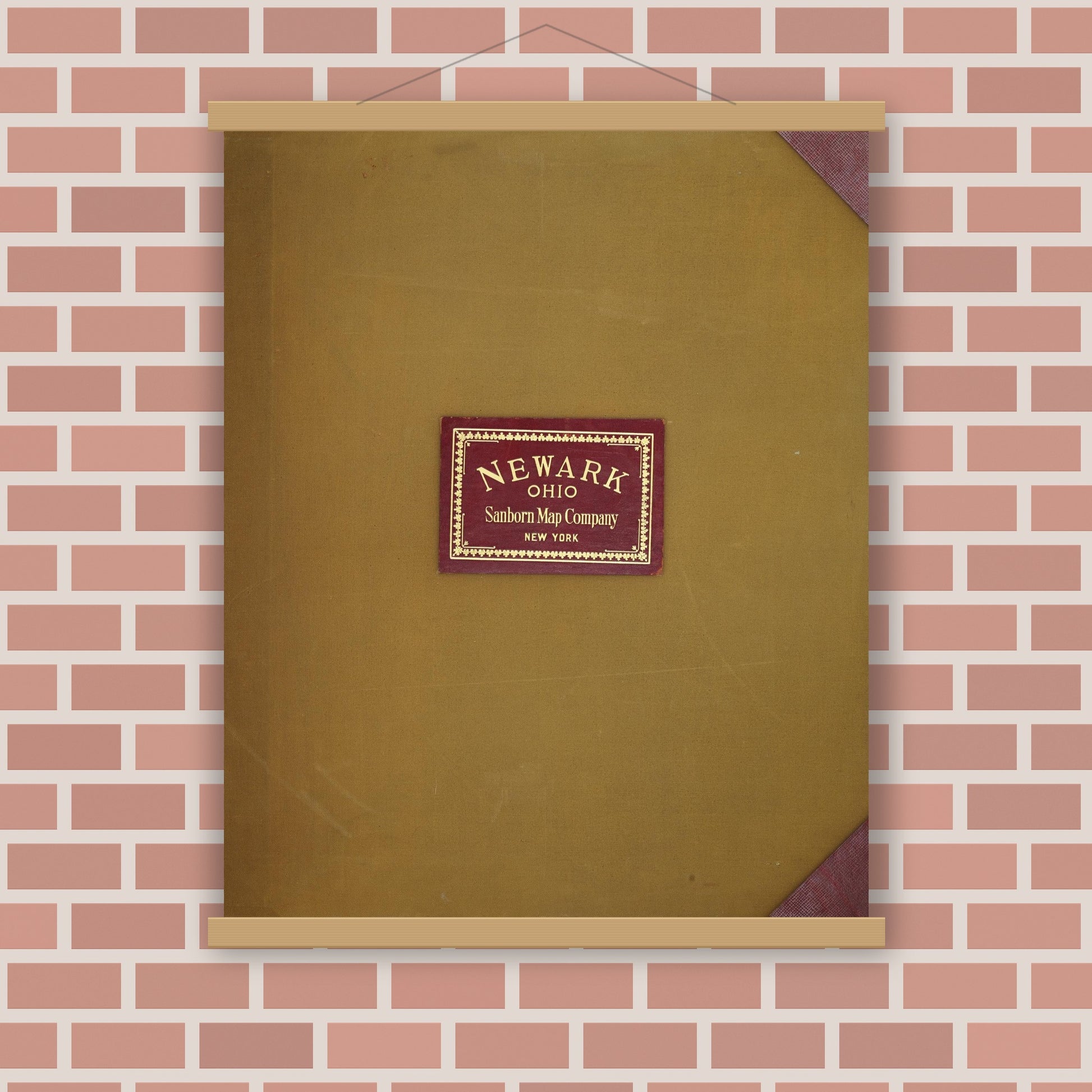 Old map wall art mockup — magnetic wood frame on brick wall — Sanborn Fire Insurance Map from Newark, Licking County, Ohio (1961), Sheet #0001