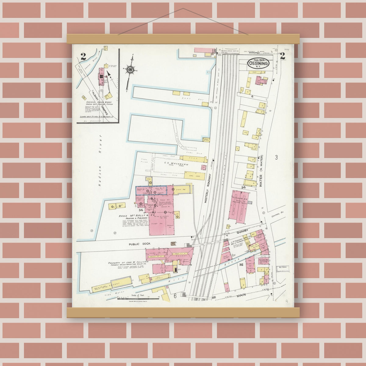 Old map wall art mockup — magnetic wood frame on brick wall — Sanborn Fire Insurance Map from Ossining, Westchester County, New York (1924), Sheet #0002