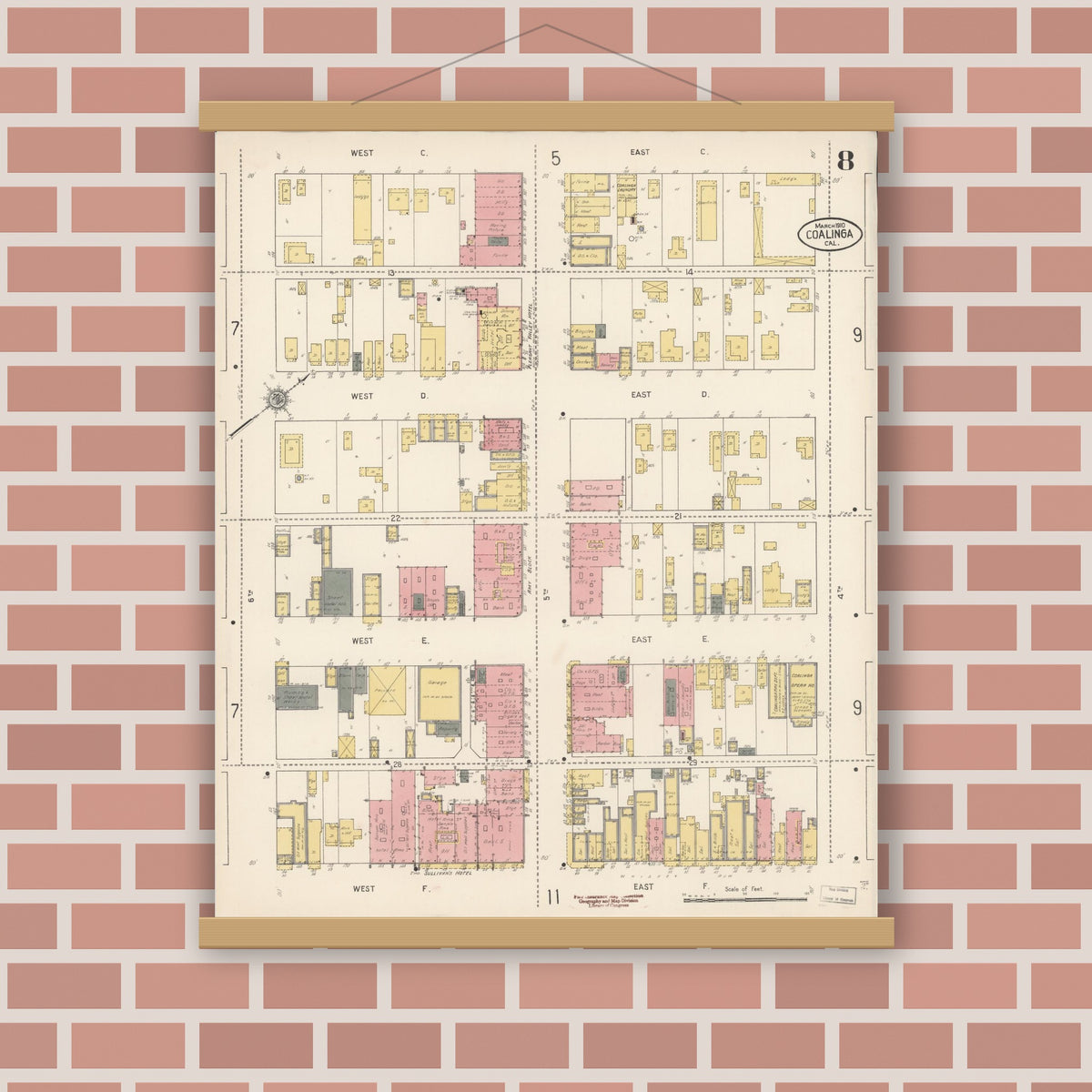 Old map wall art mockup — magnetic wood frame on brick wall — Sanborn Fire Insurance Map from Coalinga, Fresno County, California (1910), Sheet #0008