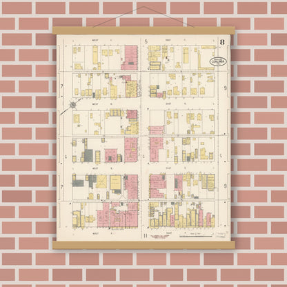 Old map wall art mockup — magnetic wood frame on brick wall — Sanborn Fire Insurance Map from Coalinga, Fresno County, California (1910), Sheet #0008