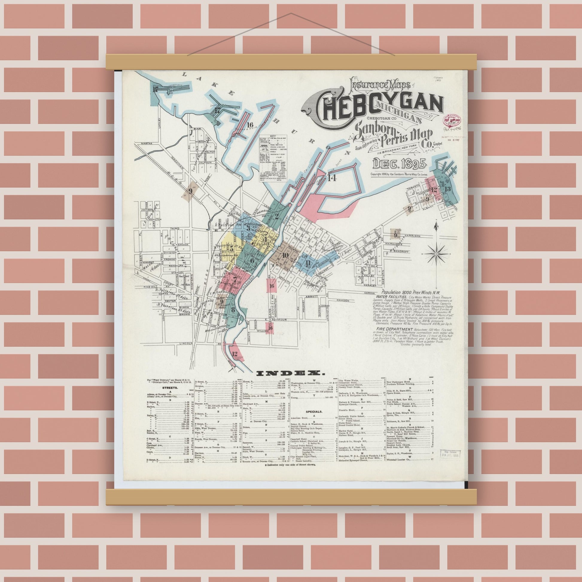 Old map wall art mockup — magnetic wood frame on brick wall — Sanborn Fire Insurance Map from Cheboygan, Cheboygan County, Michigan (1895), Sheet #0001