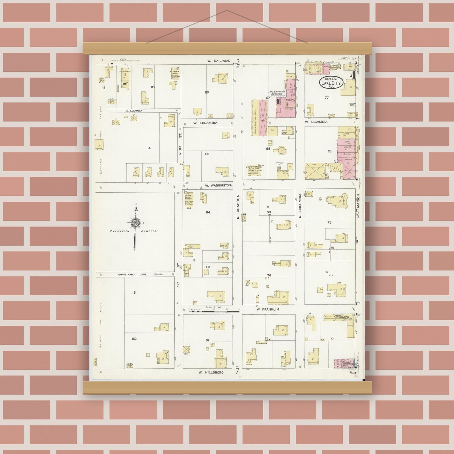 Old map wall art mockup — magnetic wood frame on brick wall — Sanborn Fire Insurance Map from Lake City, Columbia County, Florida (1912), Sheet #0004
