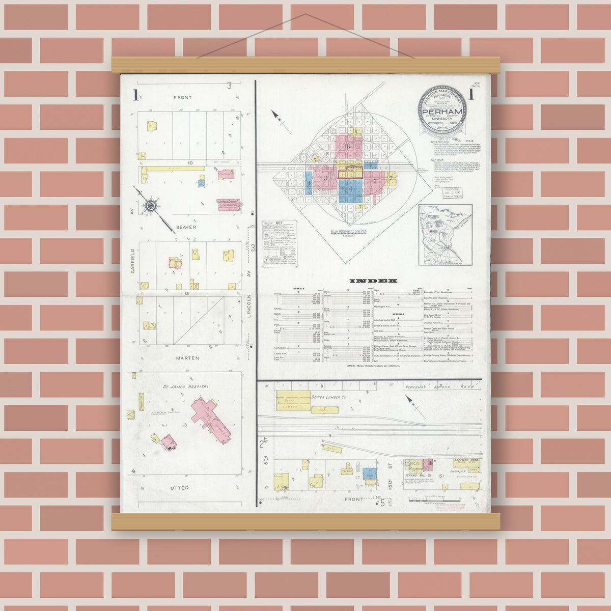 Old map wall art mockup — magnetic wood frame on brick wall — Sanborn Fire Insurance Map from Perham, Otter Tail County, Minnesota (1929) - Complete Map Set