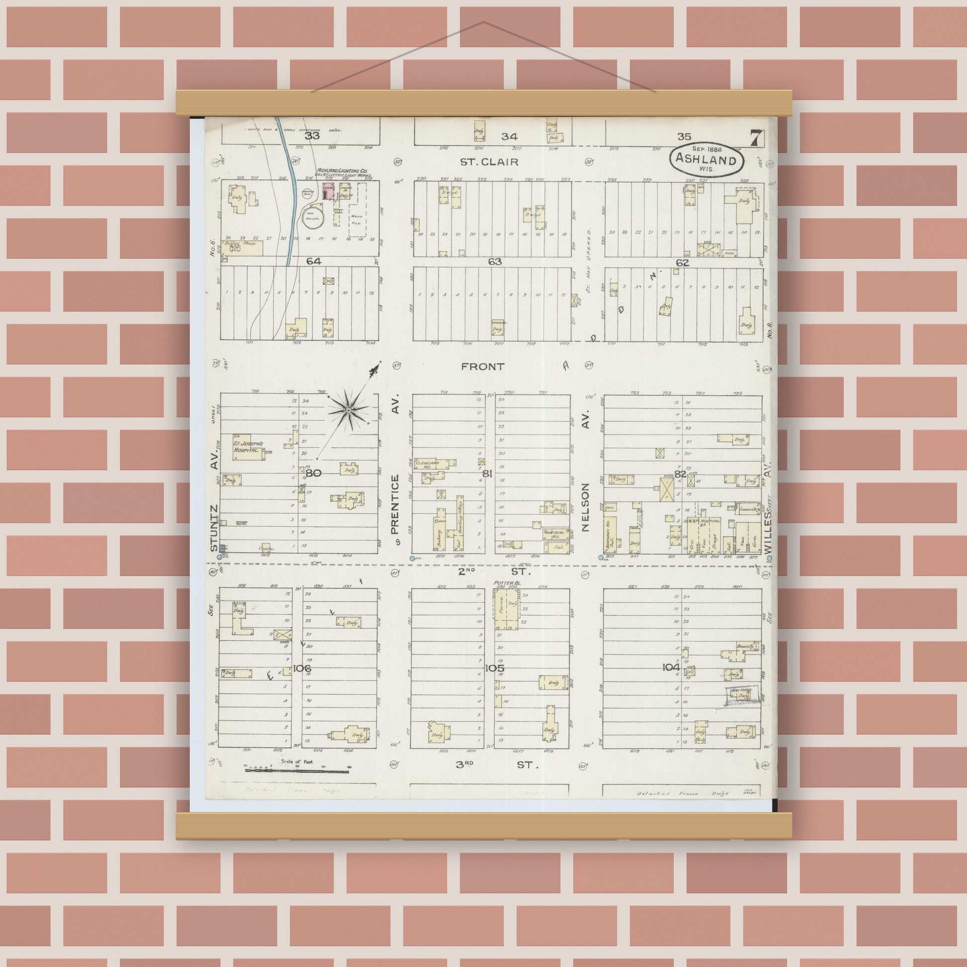 Old map wall art mockup — magnetic wood frame on brick wall — Sanborn Fire Insurance Map from Ashland, Ashland County, Wisconsin (1886), Sheet #0007