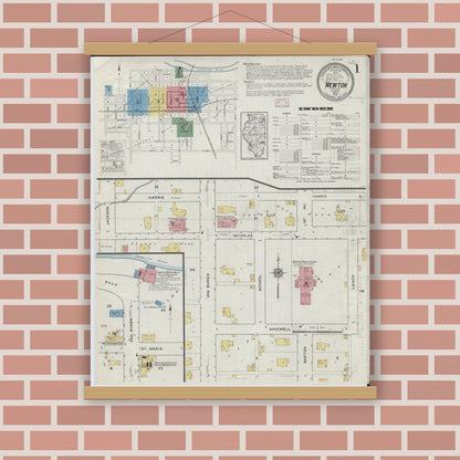 Old map wall art mockup — magnetic wood frame on brick wall — Sanborn Fire Insurance Map from Newton, Jasper County, Illinois (1916), Sheet #0001