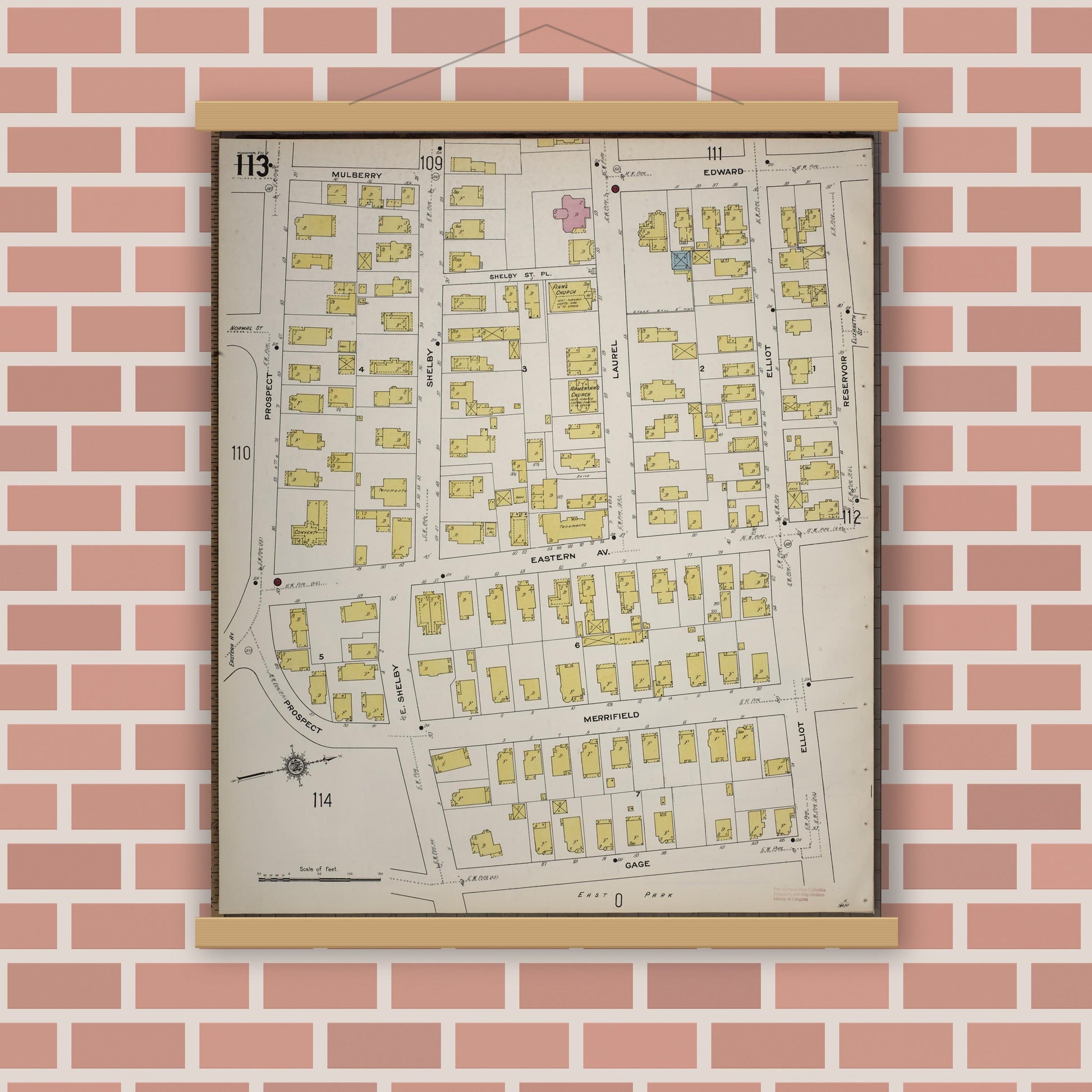 Old map wall art mockup — magnetic wood frame on brick wall — Sanborn Fire Insurance Map from Worcester, Worcester County, Massachusetts (1910), Sheet #0113