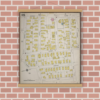 Old map wall art mockup — magnetic wood frame on brick wall — Sanborn Fire Insurance Map from Worcester, Worcester County, Massachusetts (1910), Sheet #0113