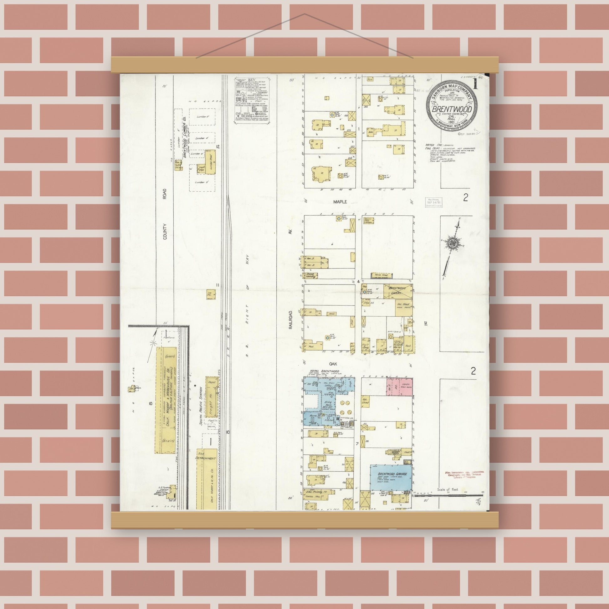Old map wall art mockup — magnetic wood frame on brick wall — Sanborn Fire Insurance Map from Brentwood, Contra Costa County, California (1921) - Complete Map Set
