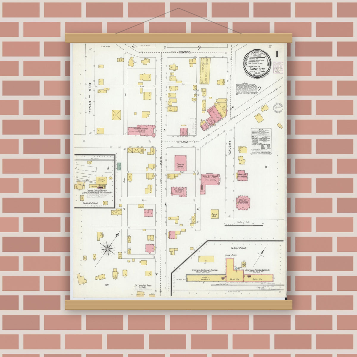 Old map wall art mockup — magnetic wood frame on brick wall — Sanborn Fire Insurance Map from Grove City, Mercer County, Pennsylvania (1901), Sheet #0001