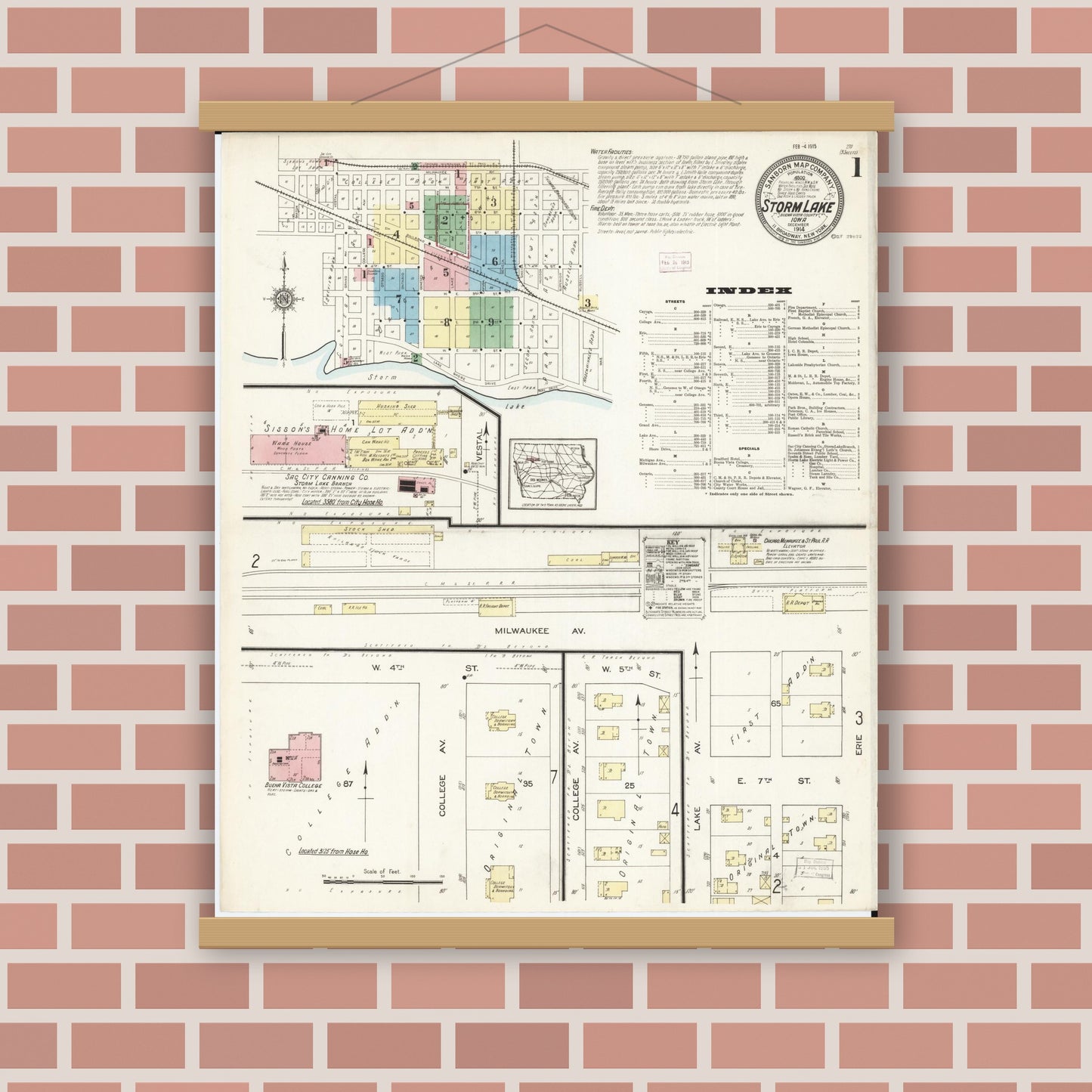 Old map wall art mockup — magnetic wood frame on brick wall — Sanborn Fire Insurance Map from Storm Lake, Buena Vista County, Iowa (1914), Sheet #0001