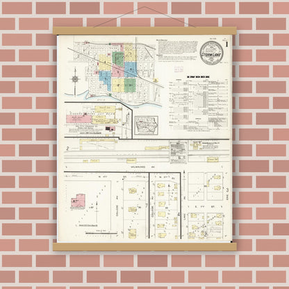 Old map wall art mockup — magnetic wood frame on brick wall — Sanborn Fire Insurance Map from Storm Lake, Buena Vista County, Iowa (1914), Sheet #0001