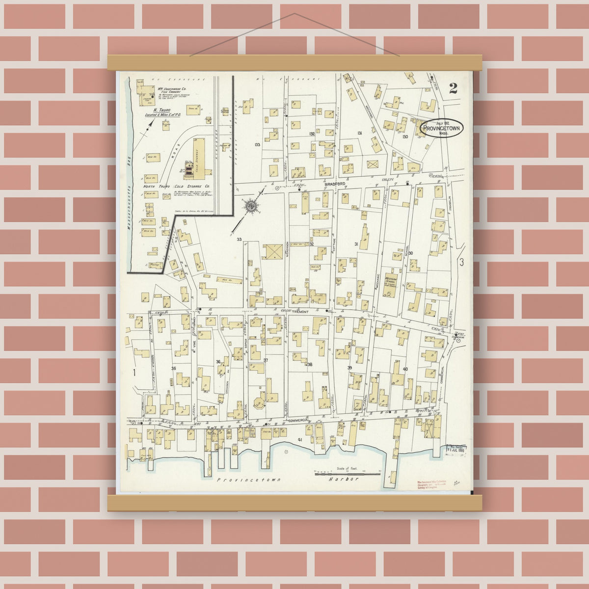 Old map wall art mockup — magnetic wood frame on brick wall — Sanborn Fire Insurance Map from Provincetown, Barnstable County, Massachusetts (1912), Sheet #0002