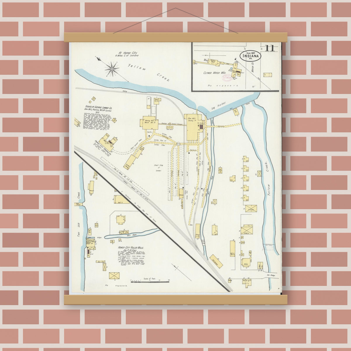 Old map wall art mockup — magnetic wood frame on brick wall — Sanborn Fire Insurance Map from Indiana, Indiana County, Pennsylvania (1888), Sheet #0011