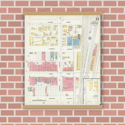 Old map wall art mockup — magnetic wood frame on brick wall — Sanborn Fire Insurance Map from Denison, Grayson County, Texas (1903), Sheet #0011