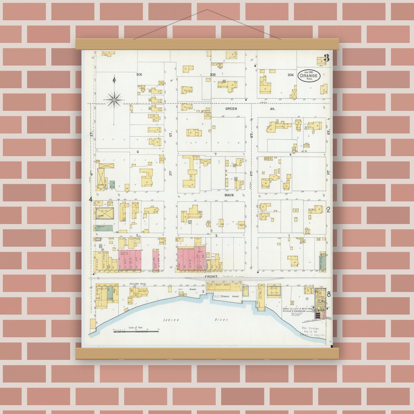 Old map wall art mockup — magnetic wood frame on brick wall — Sanborn Fire Insurance Map from Orange, Orange County, Texas (1901), Sheet #0003