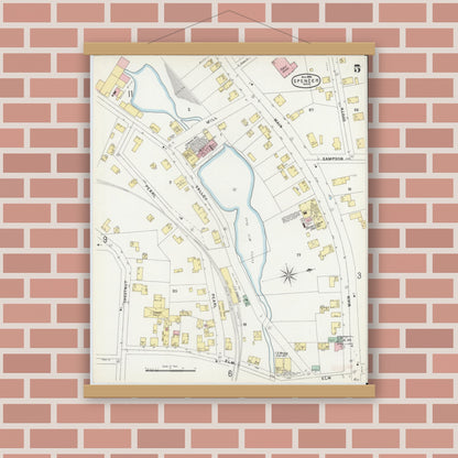Old map wall art mockup — magnetic wood frame on brick wall — Sanborn Fire Insurance Map from Spencer, Worcester County, Massachusetts (1896), Sheet #0005