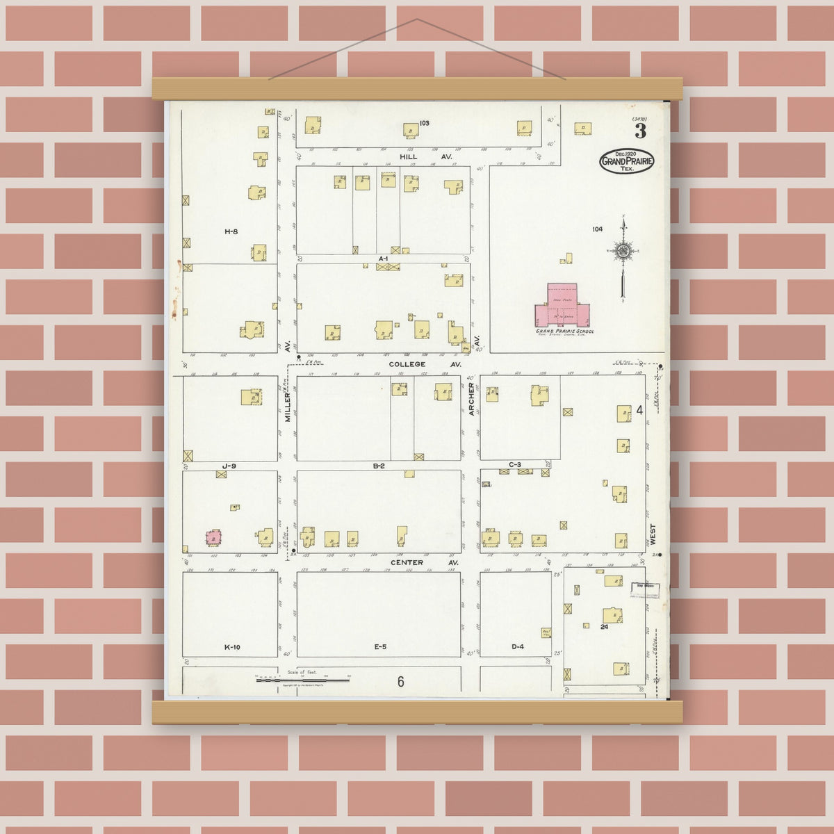 Old map wall art mockup — magnetic wood frame on brick wall — Sanborn Fire Insurance Map from Grand Prairie, Dallas County, Texas (1920), Sheet #0003