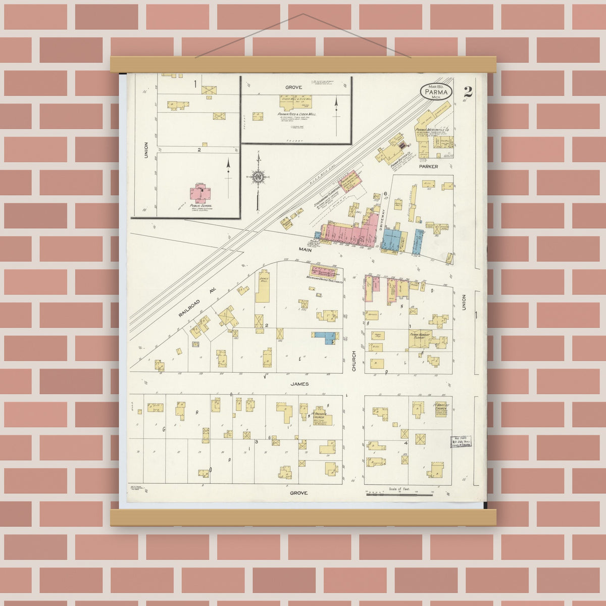 Old map wall art mockup — magnetic wood frame on brick wall — Sanborn Fire Insurance Map from Parma, Jackson County, Michigan (1913), Sheet #0002