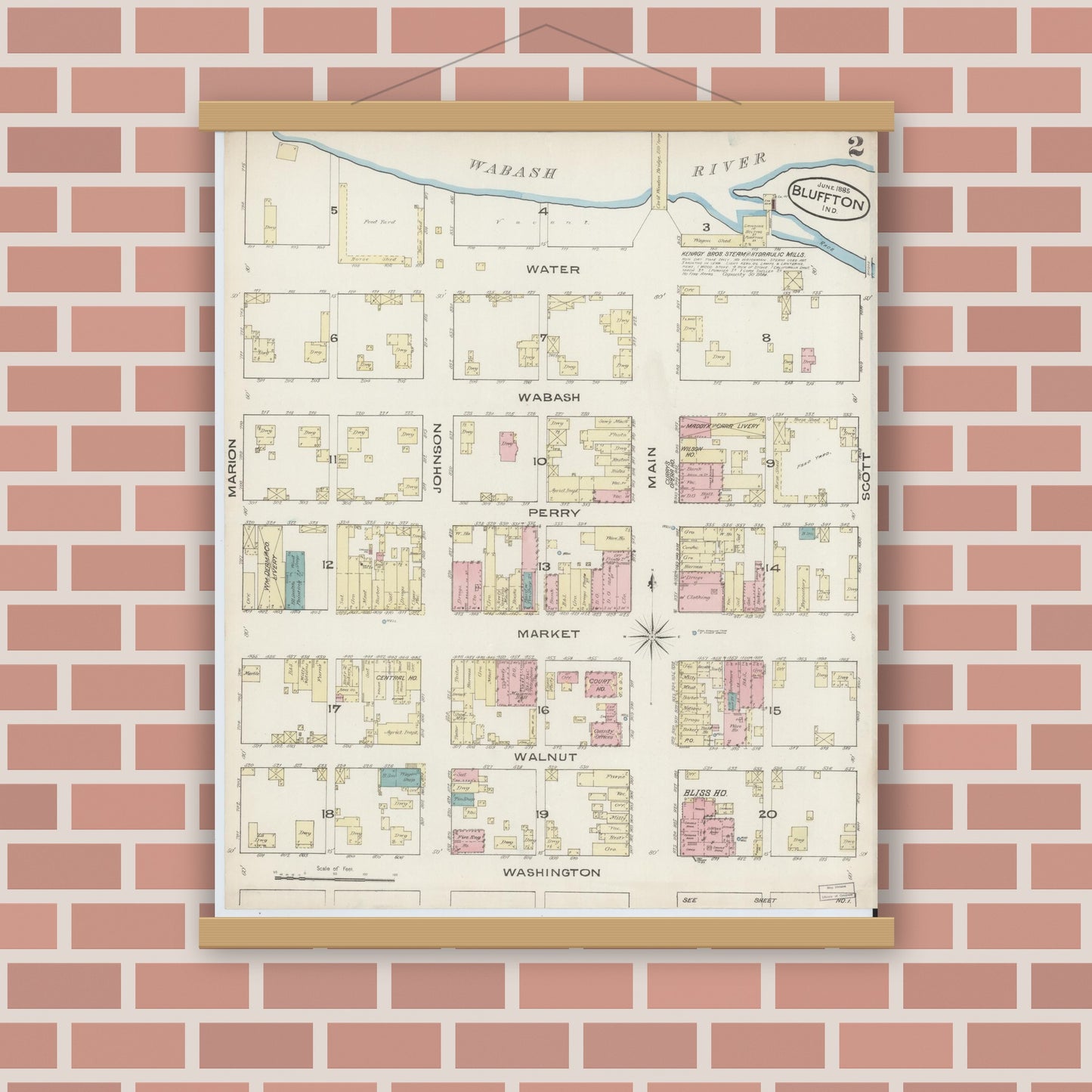 Old map wall art mockup — magnetic wood frame on brick wall — Sanborn Fire Insurance Map from Bluffton, Wells County, Indiana (1885), Sheet #0002