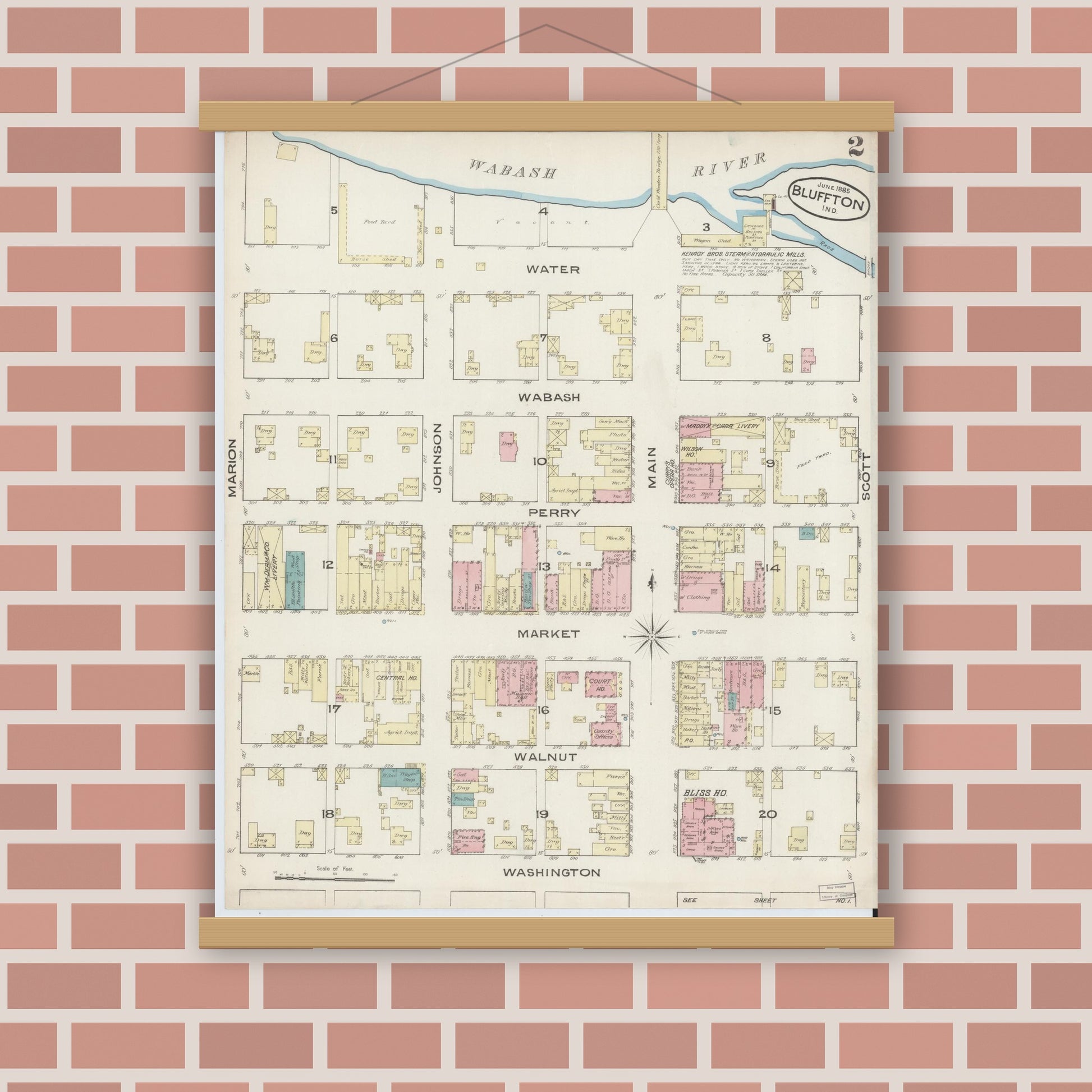 Old map wall art mockup — magnetic wood frame on brick wall — Sanborn Fire Insurance Map from Bluffton, Wells County, Indiana (1885), Sheet #0002
