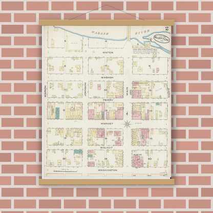 Old map wall art mockup — magnetic wood frame on brick wall — Sanborn Fire Insurance Map from Bluffton, Wells County, Indiana (1885), Sheet #0002