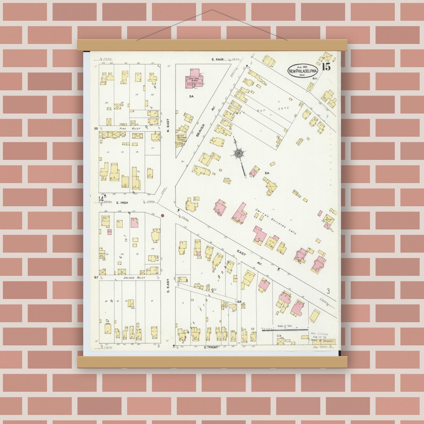 Old map wall art mockup — magnetic wood frame on brick wall — Sanborn Fire Insurance Map from New Philadelphia, Tuscarawas County, Ohio (1910), Sheet #0015