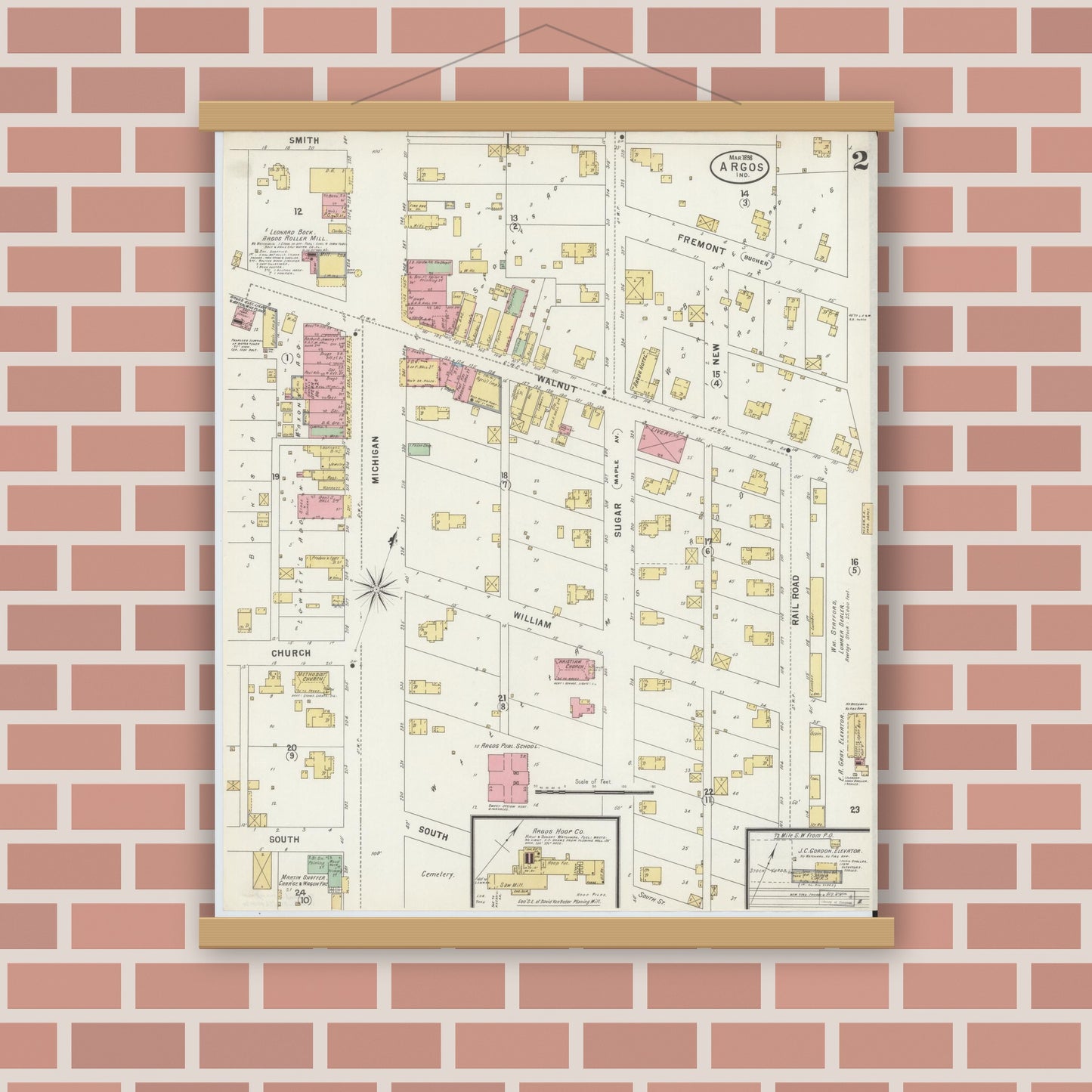 Old map wall art mockup — magnetic wood frame on brick wall — Sanborn Fire Insurance Map from Argos, Marshall County, Indiana (1898), Sheet #0002