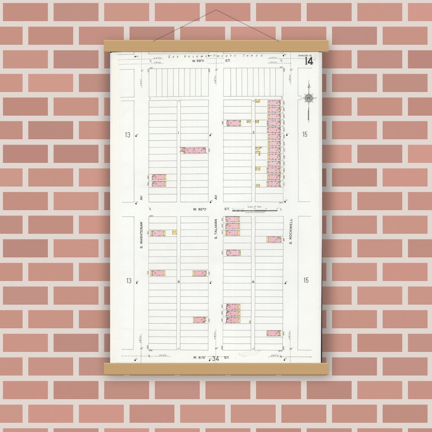 Old map wall art mockup — magnetic wood frame on brick wall — Sanborn Fire Insurance Map from Chicago, Cook County, Illinois (1920), Sheet #0014