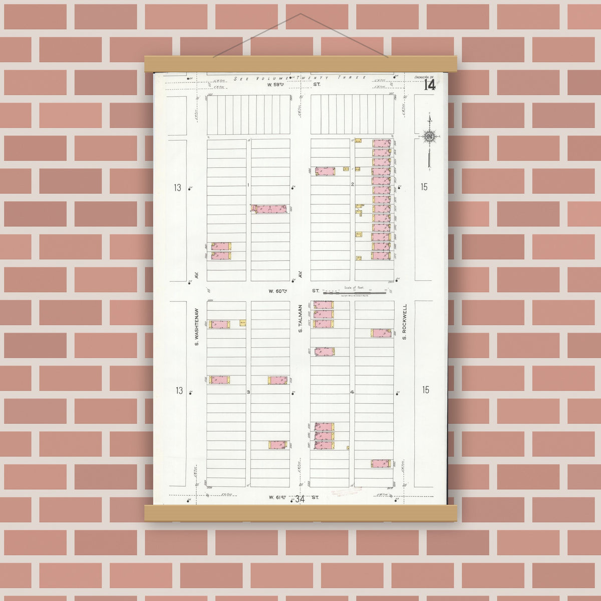 Old map wall art mockup — magnetic wood frame on brick wall — Sanborn Fire Insurance Map from Chicago, Cook County, Illinois (1920), Sheet #0014