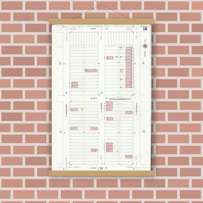Old map wall art mockup — magnetic wood frame on brick wall — Sanborn Fire Insurance Map from Chicago, Cook County, Illinois (1920), Sheet #0014