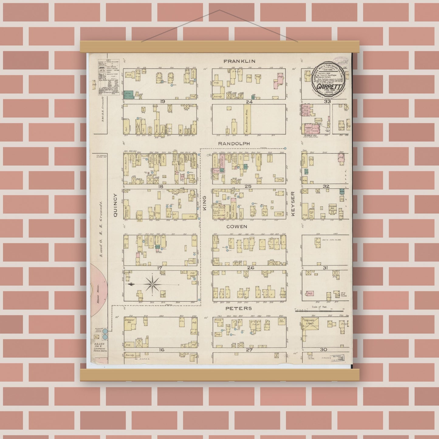 Old map wall art mockup — magnetic wood frame on brick wall — Sanborn Fire Insurance Map from Garrett, De Kalb County, Indiana (1886), Sheet #0001