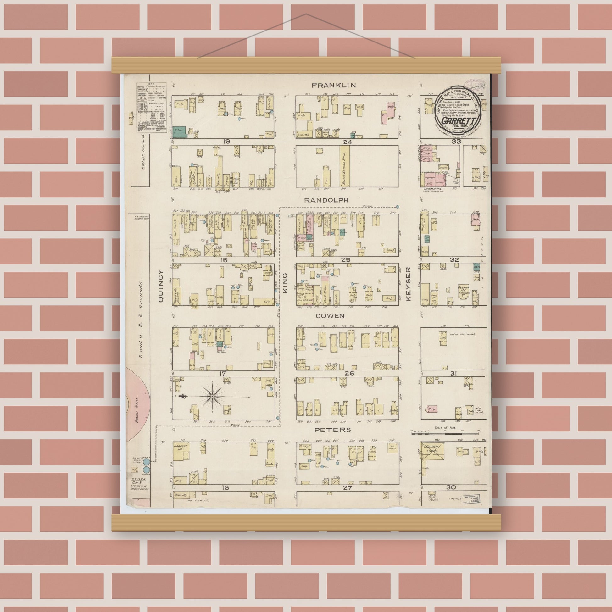 Old map wall art mockup — magnetic wood frame on brick wall — Sanborn Fire Insurance Map from Garrett, De Kalb County, Indiana (1886), Sheet #0001