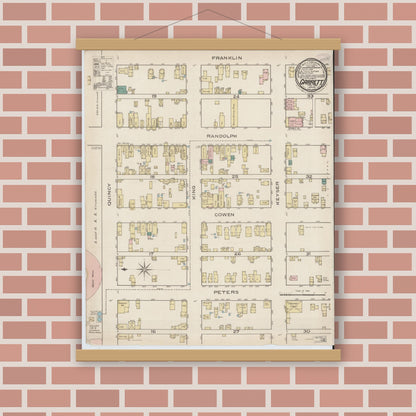 Old map wall art mockup — magnetic wood frame on brick wall — Sanborn Fire Insurance Map from Garrett, De Kalb County, Indiana (1886), Sheet #0001