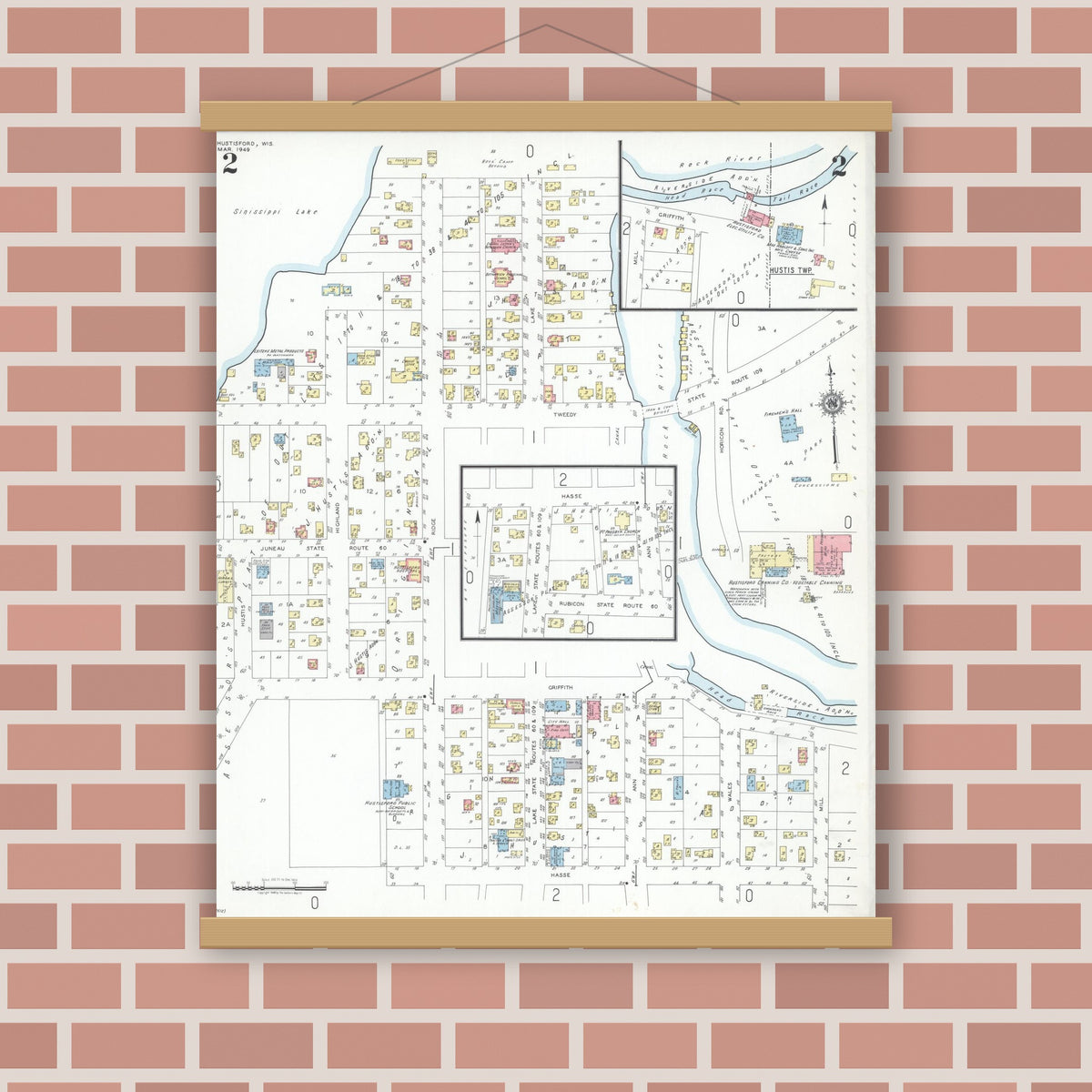 Old map wall art mockup — magnetic wood frame on brick wall — Sanborn Fire Insurance Map from Hustisford, Dodge County, Wisconsin (1949), Sheet #0002