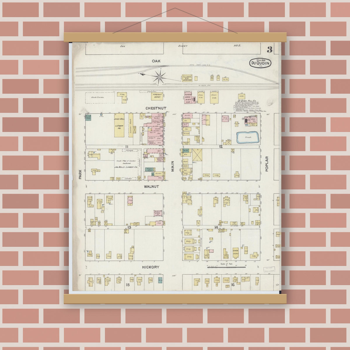 Old map wall art mockup — magnetic wood frame on brick wall — Sanborn Fire Insurance Map from Du Quoin, Perry County, Illinois (1888), Sheet #0003